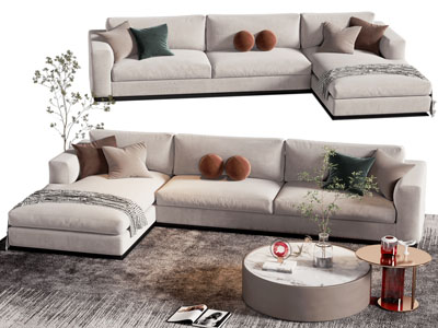 现代布艺转角多人沙发 茶几组合