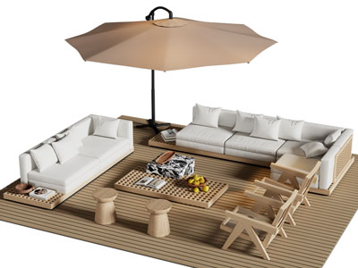 新中式庭院多人沙发 休闲椅子 茶几和遮阳伞
