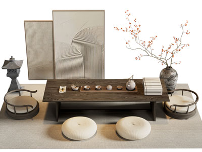 侘寂风长方形实木茶几 座椅 蒲团3d模型 侘寂风长方形实木茶几 座椅 蒲团