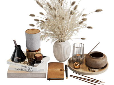 侘寂风书籍、花瓶干花、音响摆件组合