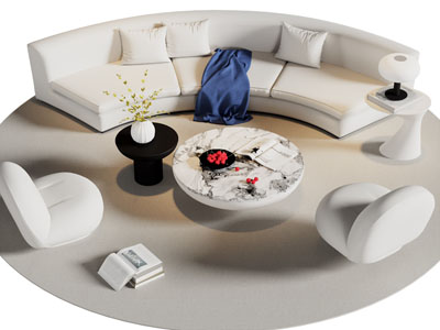 现代弧形多人沙发、单人沙发和茶几组合