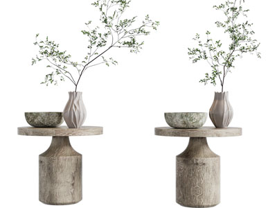 侘寂风实木圆形边几、花瓶器皿3d模型 侘寂风实木圆形边几、花瓶器皿