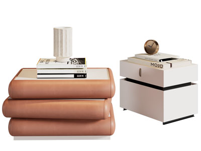 现代床头柜、书籍闹钟摆件