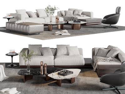现代布艺转角多人沙发、休闲椅子和茶几组合
