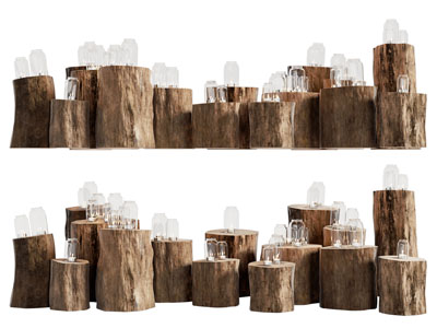现代木桩造的坐凳、坐墩、玻璃烛台