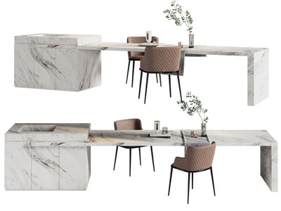 现代大理石带水吧台的餐桌椅组合
