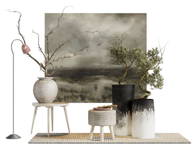 侘寂风花盆植物盆栽、装饰挂画