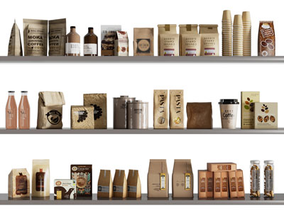 现代隔板上的袋装零食、咖啡、纸杯、饮料
