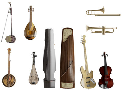 新中式琵琶、二胡、小号、古筝乐器组合3d模型 新中式琵琶、二胡、小号、古筝乐器组合