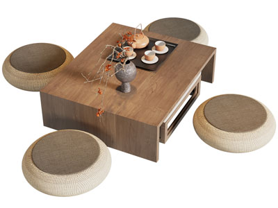 日式方形茶桌、蒲团组合3d模型 日式方形茶桌、蒲团组合