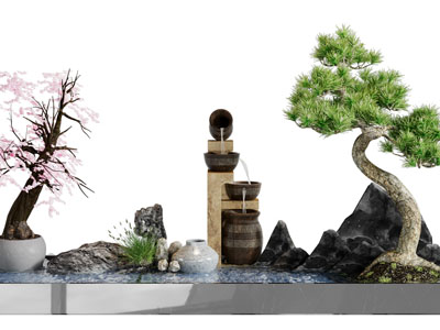 新中式松树、石头、水井景观园艺小品