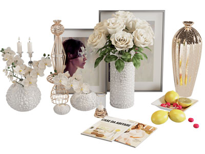 现代花瓶花卉、装饰画、烛台摆件组合