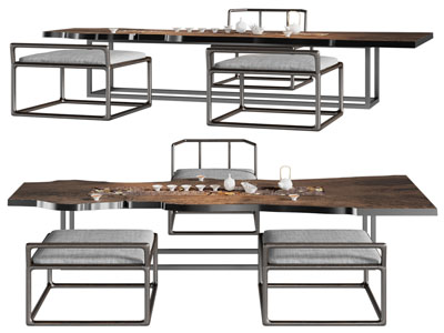 新中式原木茶桌椅组合3d模型 新中式原木茶桌椅组合