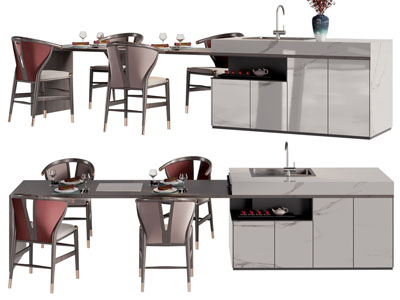 新中式水吧台餐桌椅组合3d模型 新中式水吧台餐桌椅组合