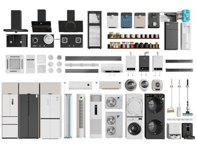 现代冰箱、洗衣机、抽油烟机、空调家用电器组合3d模型 现代冰箱、洗衣机、抽油烟机、空调家用电器组合