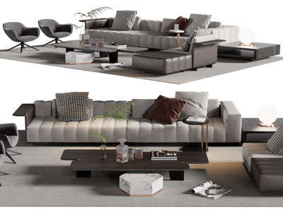 现代多人沙发、休闲椅子和茶几组合