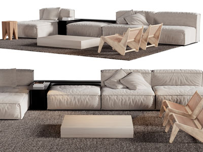 现代布艺转角沙发、休闲椅子和茶几组合