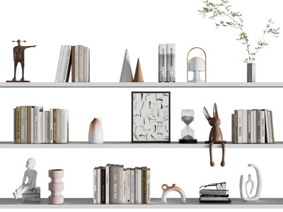 现代实木板上的书籍、装饰品摆件组合