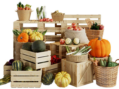 现代水果蔬菜展台、收纳筐