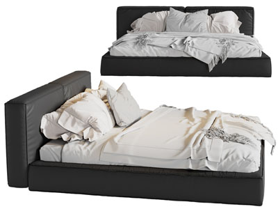 现代黑色布艺双人床