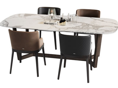 现代长方形大理石餐桌椅组合3d模型 现代长方形大理石餐桌椅组合