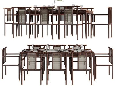 新中式长方形实木餐桌椅组合3d模型 新中式长方形实木餐桌椅组合