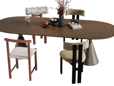 侘寂风椭圆形餐桌椅组合3d模型 侘寂风椭圆形餐桌椅组合