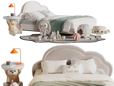 现代儿童双人床、小熊边几