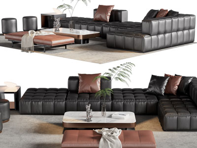 现代皮质转角多人沙发、沙发凳和茶几组合