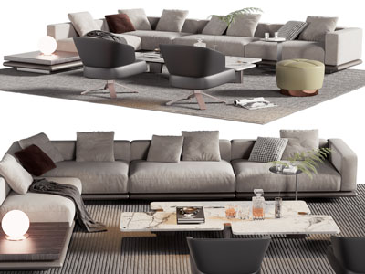 现代布艺多人沙发、茶几组合