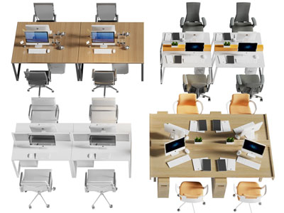 现代四人位办公桌椅组合3d模型 现代四人位办公桌椅组合