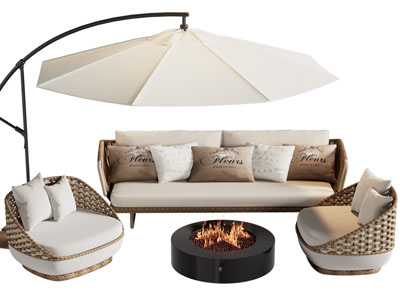 现代户外遮阳伞、藤编多人单人沙发、篝火