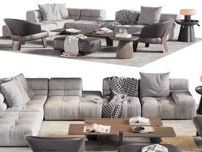 现代布艺多人沙发、茶几组合