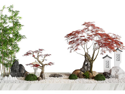 新中式竹子、枫树、假山景观园艺小品