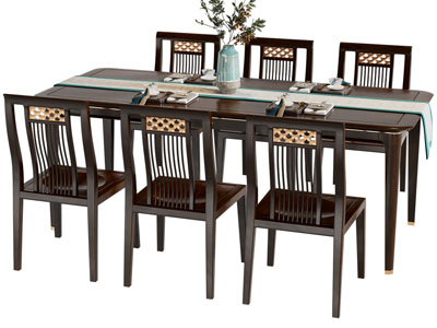 新中式长方形实木餐桌椅组合3d模型 新中式长方形实木餐桌椅组合