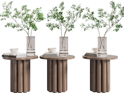 现代实木圆形边几角几、花瓶花卉摆件