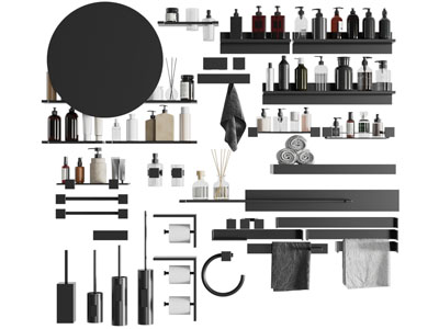 现代置物架上的洗浴用品、毛巾架