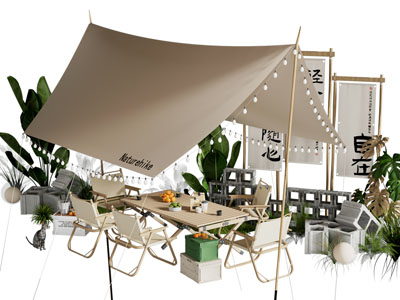 现代户外营地天幕、可折叠餐桌椅组合3d模型 现代户外营地天幕、可折叠餐桌椅组合