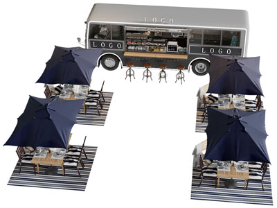 现代户外移动汽车咖啡厅、遮阳伞餐桌椅组合3d模型 现代户外移动汽车咖啡厅、遮阳伞餐桌椅组合