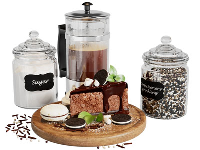 现代玻璃收纳罐、法压壶、蛋糕甜点食物