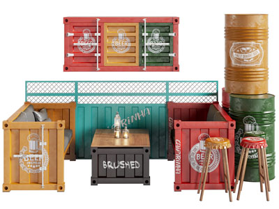 工业风loft卡座餐桌椅组合、油桶3d模型 工业风loft卡座餐桌椅组合、油桶