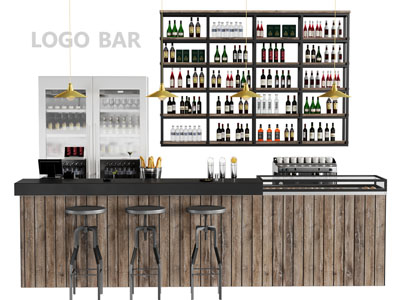 工业风loft酒吧吧台吧凳3d模型 工业风loft酒吧吧台吧凳