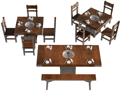 新中式方形、长方形实木火锅餐桌椅组合3d模型 新中式方形、长方形实木火锅餐桌椅组合
