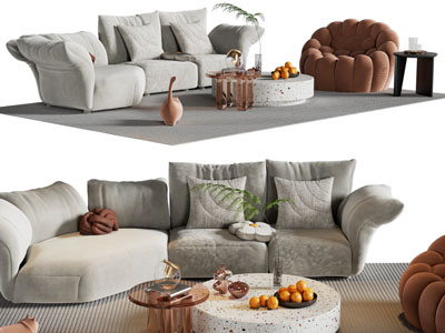 现代布艺多人沙发、懒人沙发和茶几组合