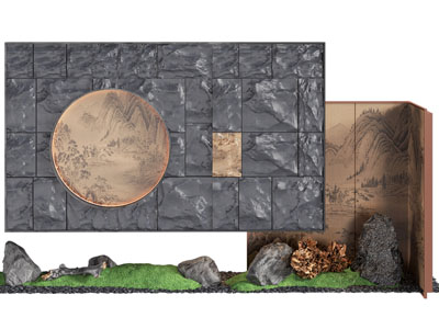 新中式室内造墙 假山 花草景观园艺小品