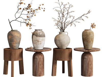 侘寂风实木边几 陶艺器皿摆件