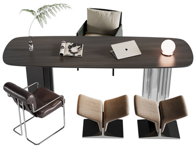现代椭圆形书桌椅组合3d模型 现代椭圆形书桌椅组合
