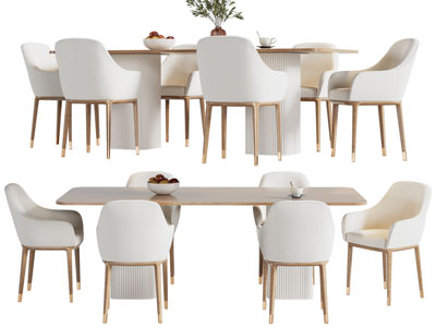 现代奶油风实木餐桌椅组合3d模型 现代奶油风实木餐桌椅组合