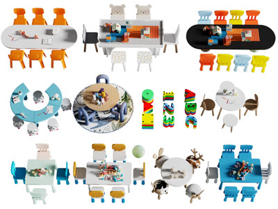 现代积木玩具 绘画手工 儿童桌椅组合3d模型 现代积木玩具 绘画手工 儿童桌椅组合