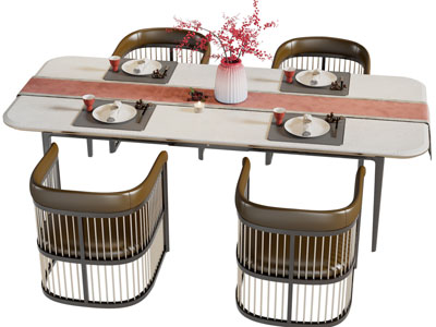 新中式长方形餐桌椅组合3d模型 新中式长方形餐桌椅组合